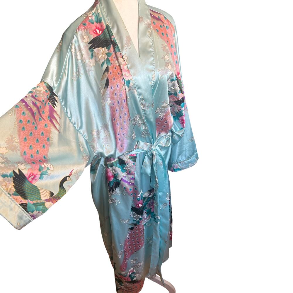 Vintage Y2K Applesauce Satin Peacock Floral Kimono Robe - One Size - Picture 5 of 7